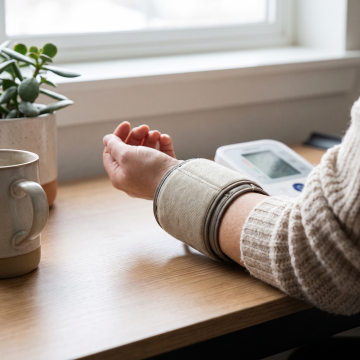 Wrist blood pressure monitor worn during a calm at-home wellness check