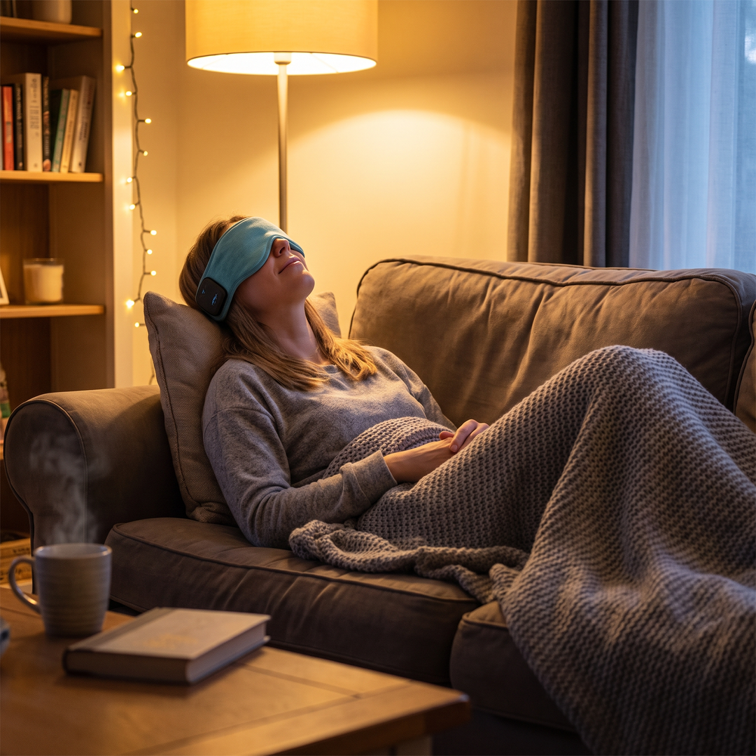 Bluetooth Sleep Mask Wireless Sleeping Headphones 3D Eye Mask - Cyan lifestyle couch relaxation