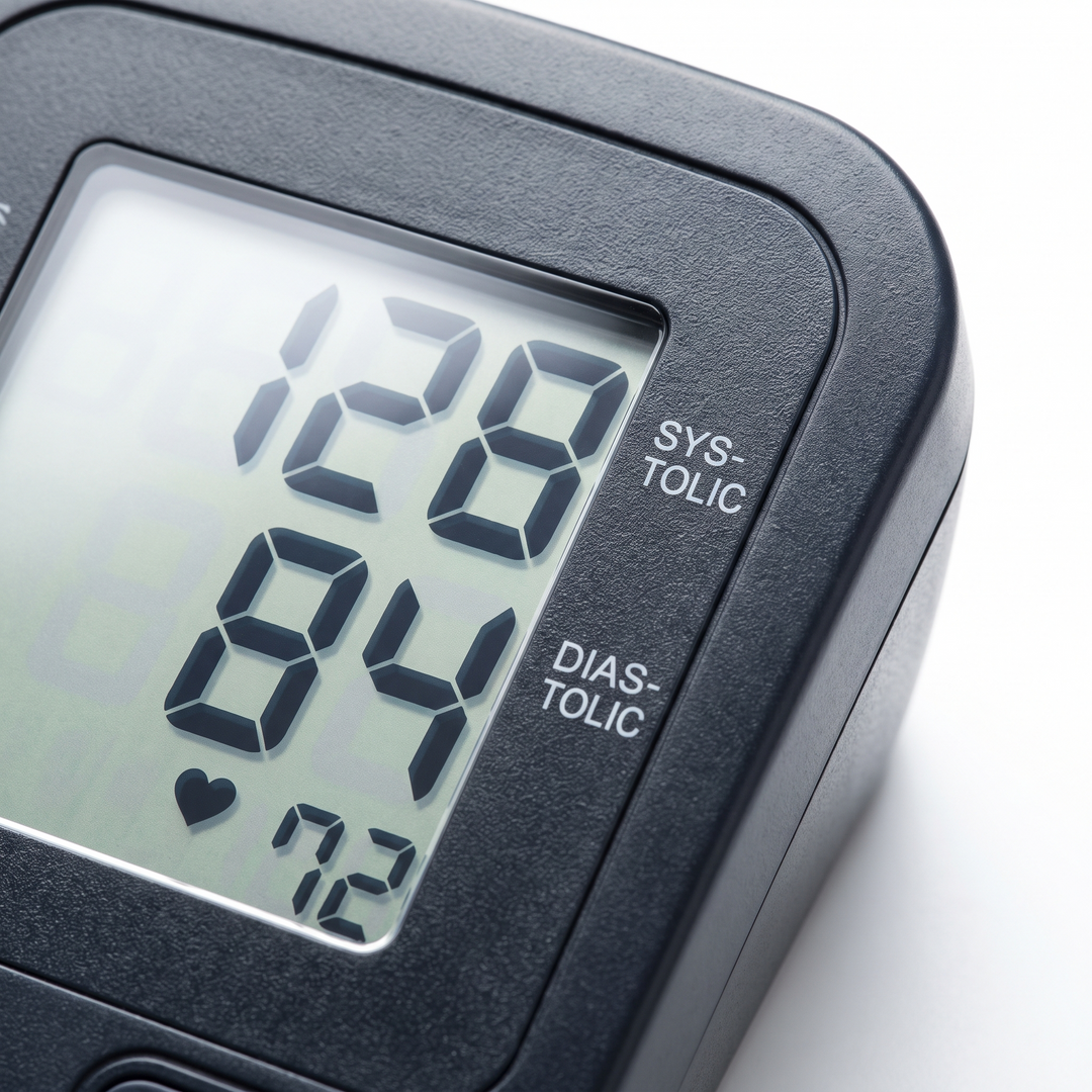 Blood pressure monitor backlit display showing heart rate reading