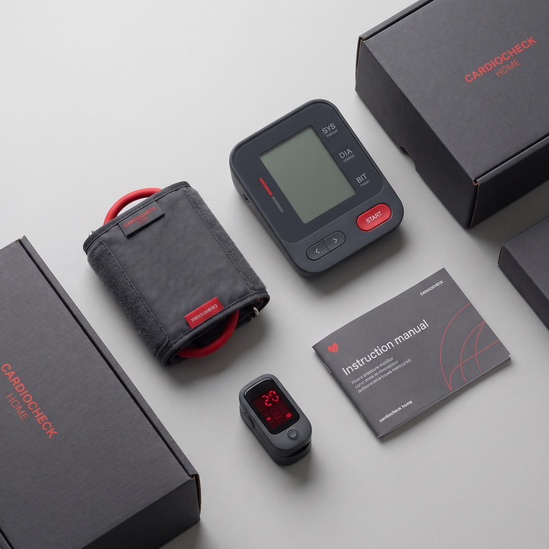 Flat lay of home blood pressure monitoring kit with monitor, cuff, oximeter and manual