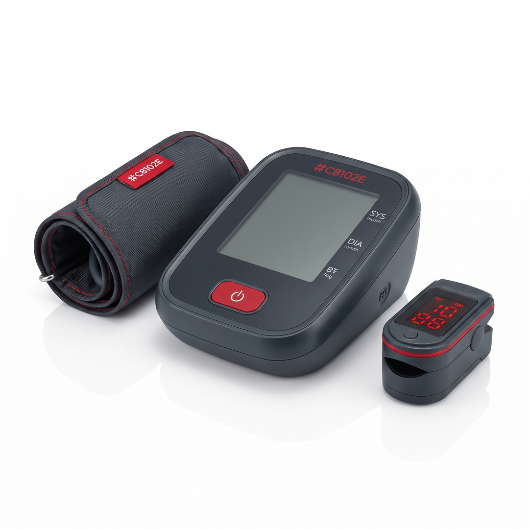 Complete home blood pressure monitor kit with cuff and pulse oximeter
