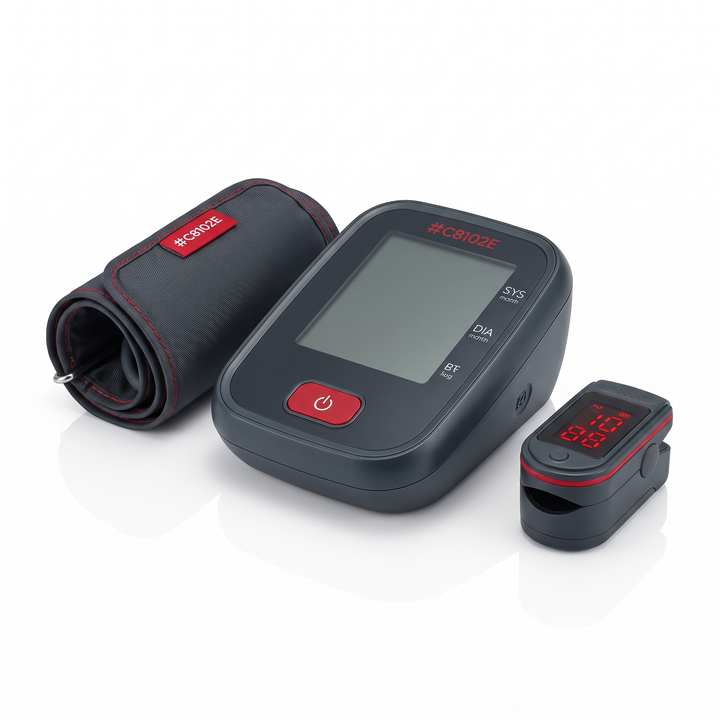 Complete home blood pressure monitor kit with cuff and pulse oximeter