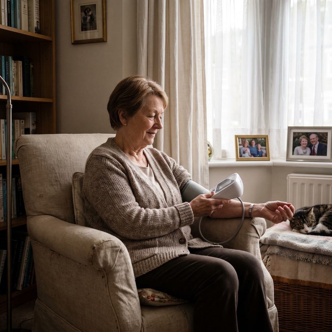Person at home checking blood pressure monitor reading in a comfortable armchair