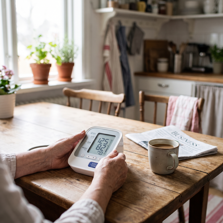 Hands holding digital blood pressure monitor at home dining table