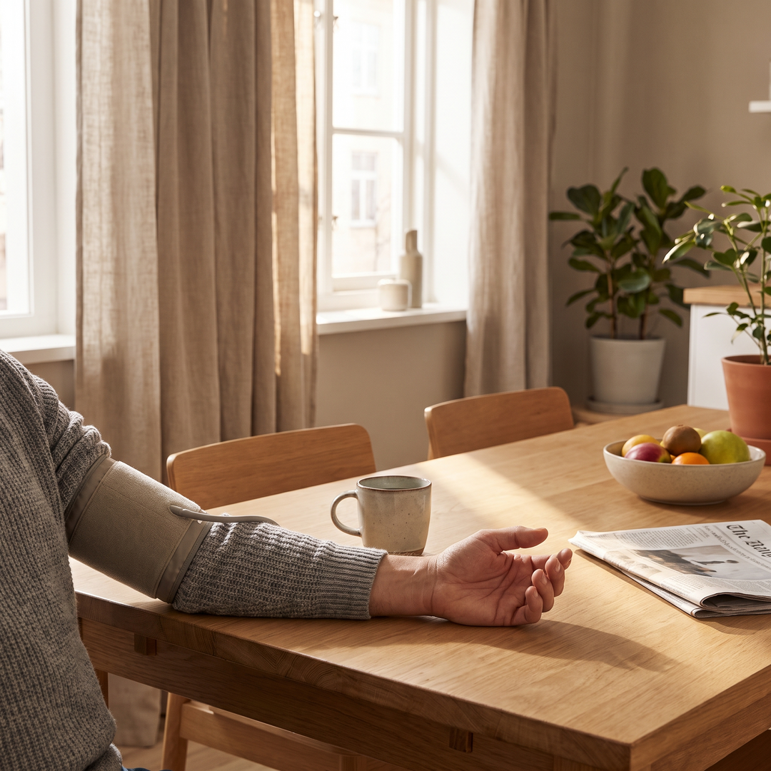 Person using blood pressure cuff at home for daily health tracking