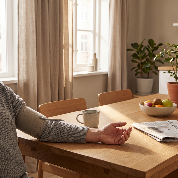 Person using blood pressure cuff at home for daily health tracking