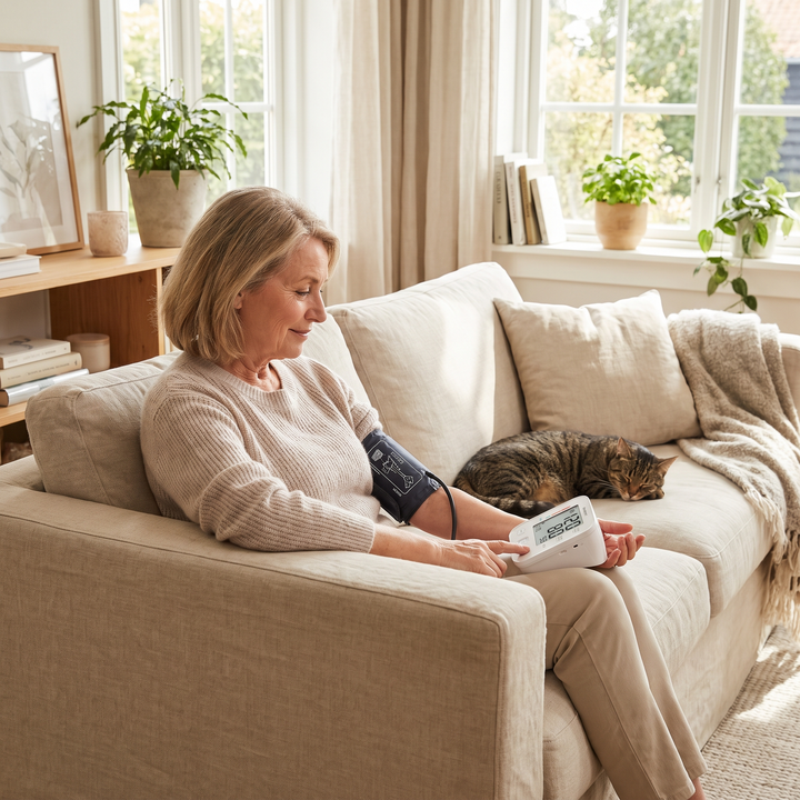 Person checking blood pressure monitor reading at home on the sofa