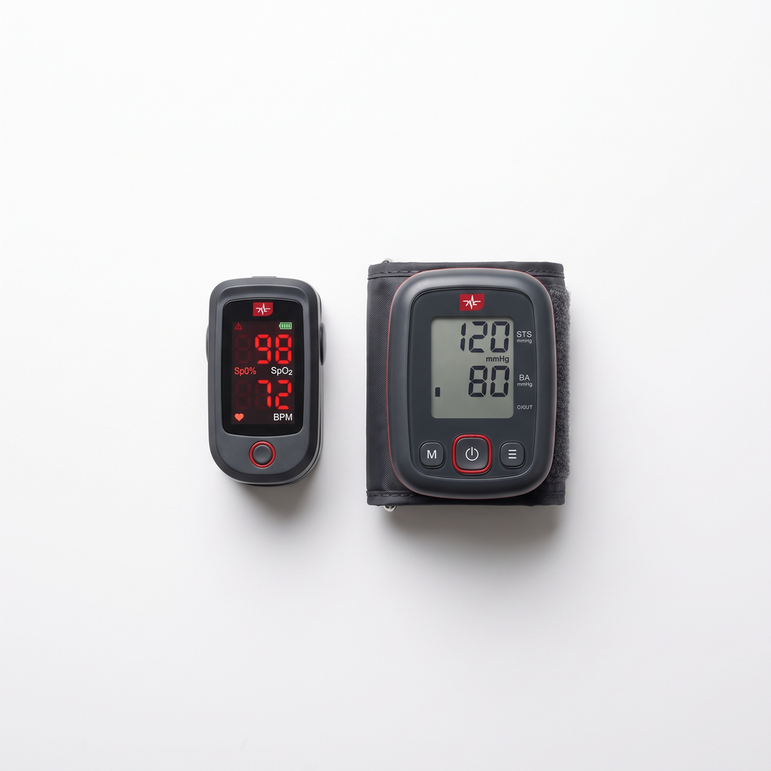 Pulse oximeter and blood pressure monitor set for home health tracking