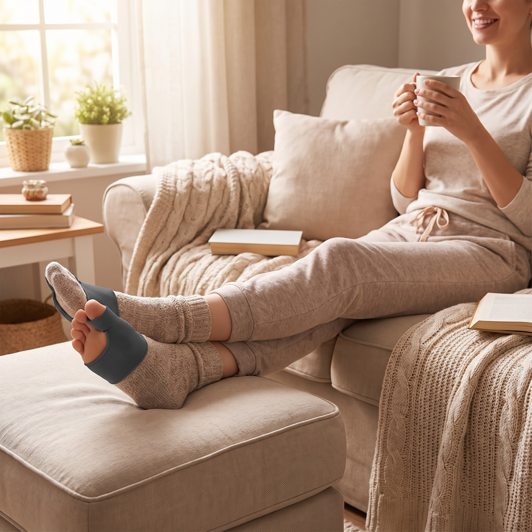 Lifestyle photo relaxing at home wearing bunion corrector
