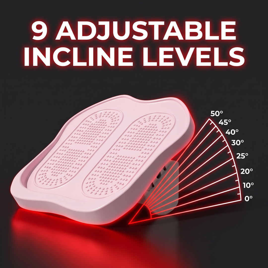 Infographic highlighting the 9 adjustable incline levels of the calf stretch board
