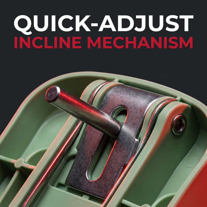 Close-up of the quick-adjust incline mechanism on the ankle mobility slant board