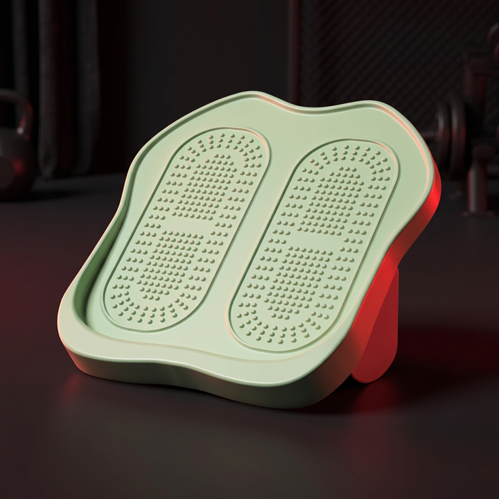 PHYSIOATHLETX green adjustable calf stretch board set at mid incline, dark gym studio hero shot