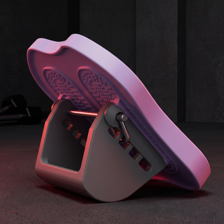 Calf stretch board shown at its highest incline level, adjustment mechanism close-up