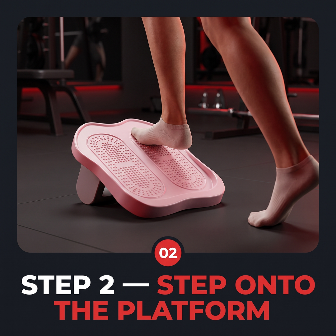 How-to-use step 2: step onto the platform of the ankle mobility slant board