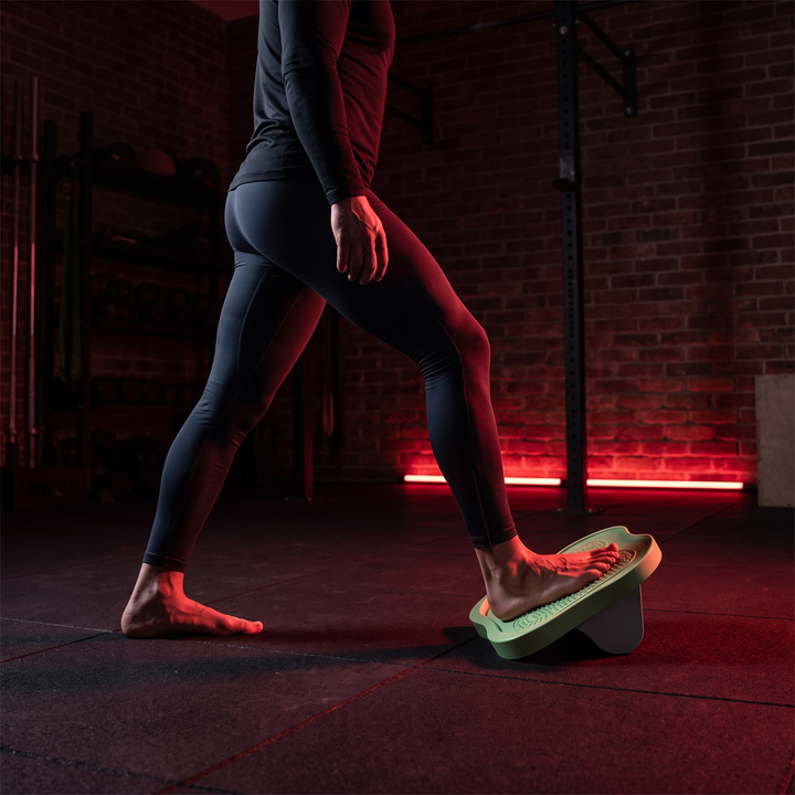 Athlete performing ankle mobility training on the PHYSIOATHLETX slant board, side view