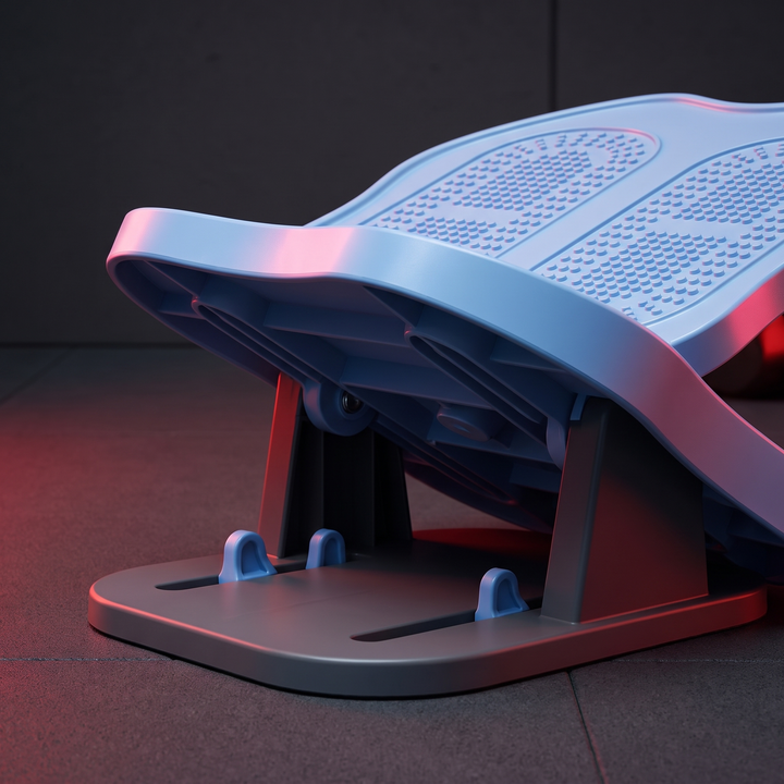 Calf stretch board shown at its lowest incline level, adjustment mechanism close-up