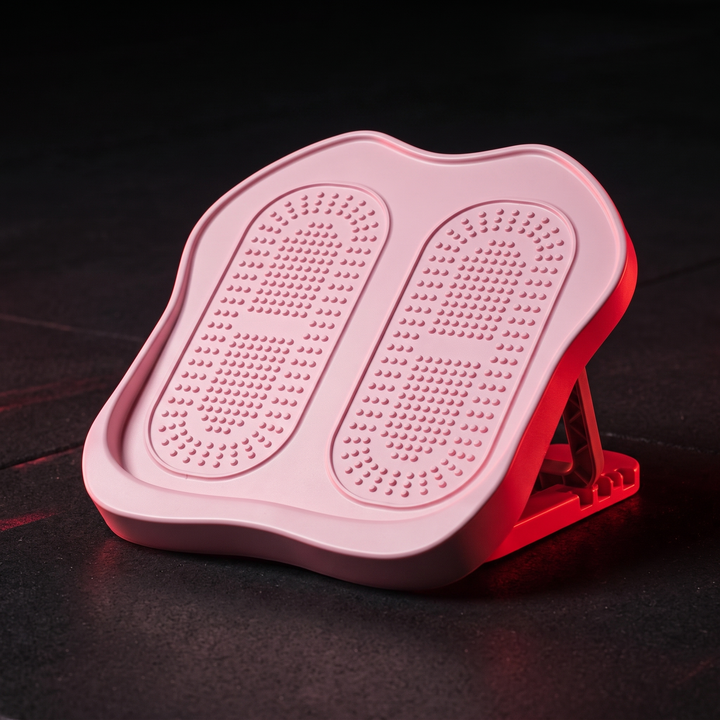 PHYSIOATHLETX pink adjustable calf stretch board set at mid incline, dark gym studio hero shot