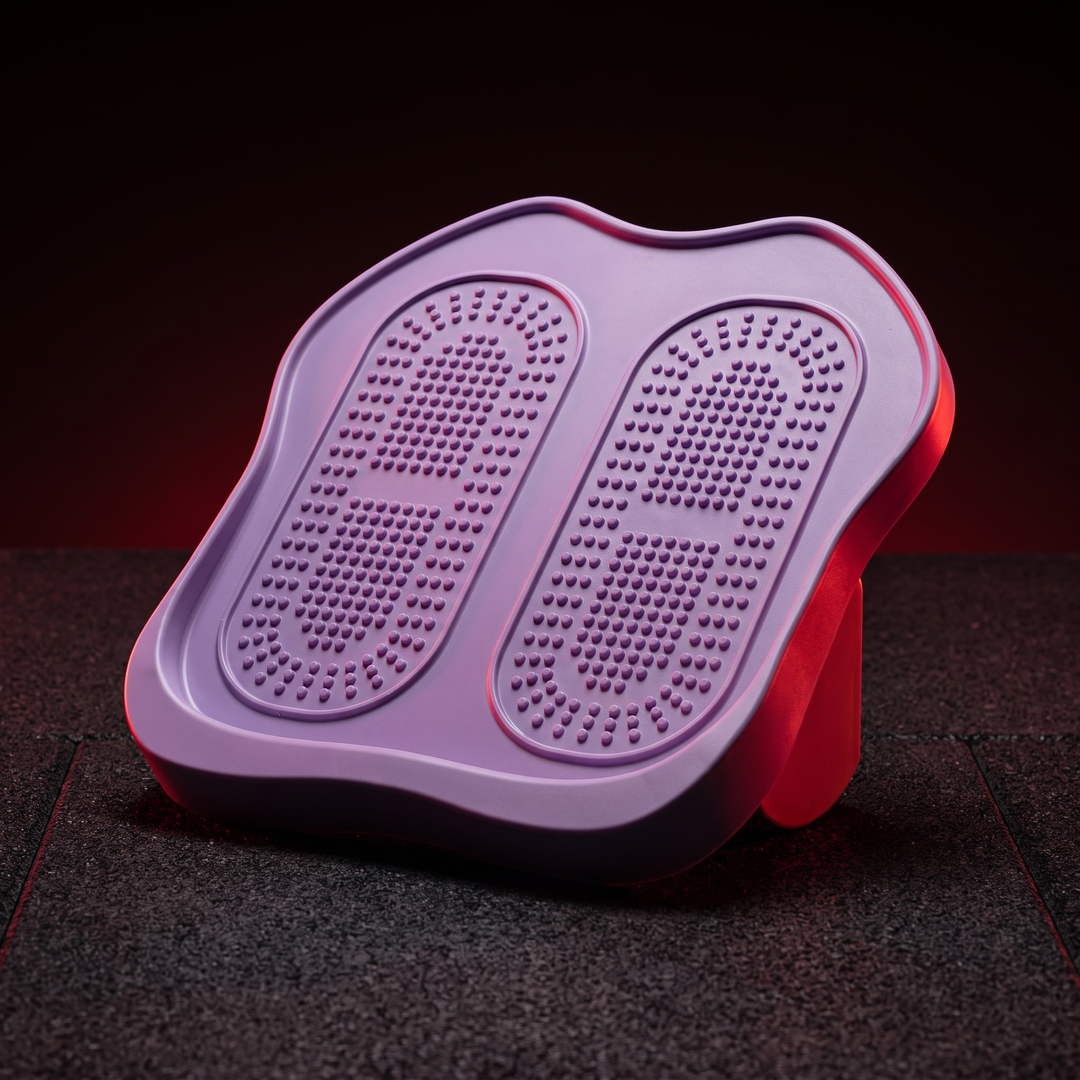 PHYSIOATHLETX purple adjustable calf stretch board set at mid incline, dark gym studio hero shot