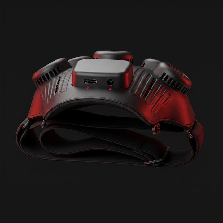 Portable cold compress recovery device rear view showing ports