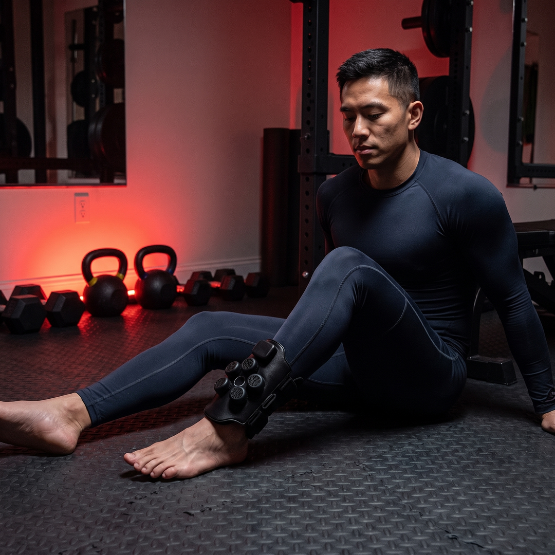 Athlete applying the cold compress wrap to the ankle for post-exercise recovery