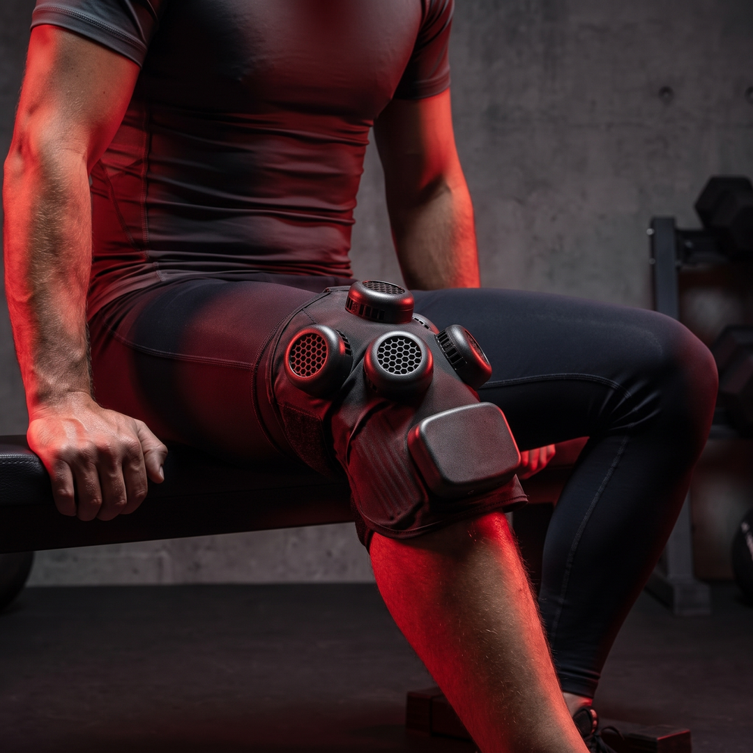 Athlete applying the cold compress wrap to the knee for post-exercise recovery