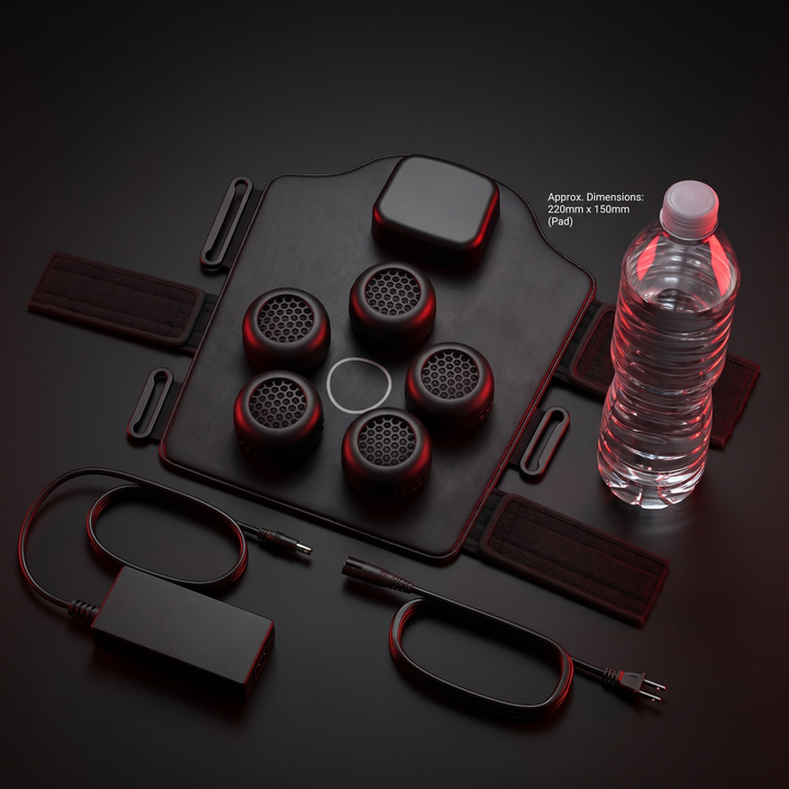 Size comparison of the cold compress recovery device next to a standard water bottle