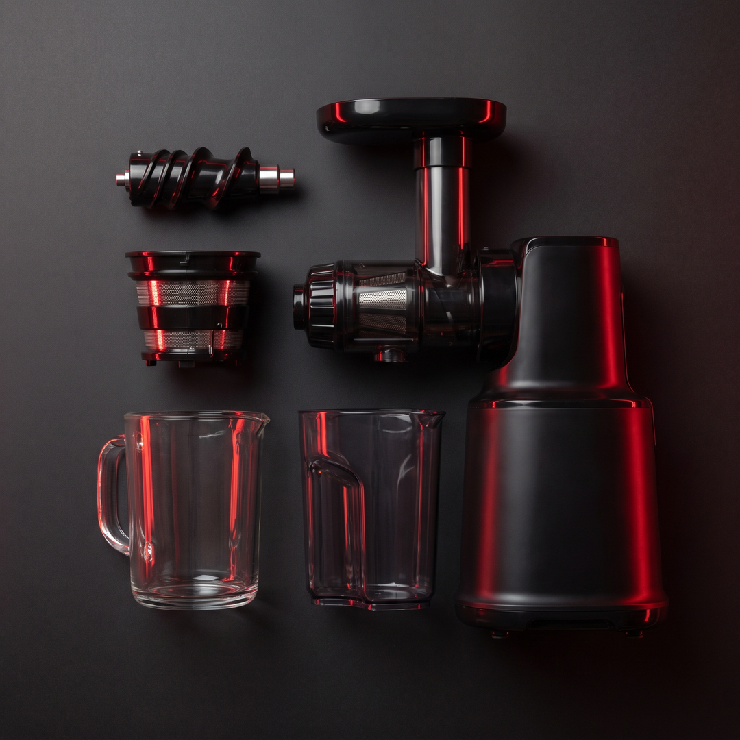 Professional Cold Press Juicer Slow Masticating Juicer - disassembled parts flat lay