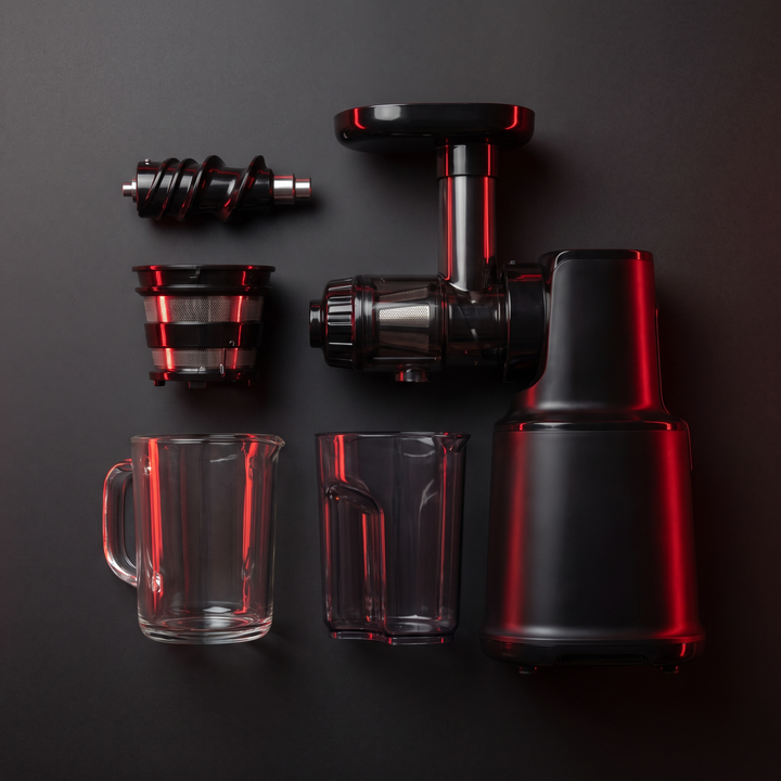 Professional Cold Press Juicer Slow Masticating Juicer - disassembled parts flat lay