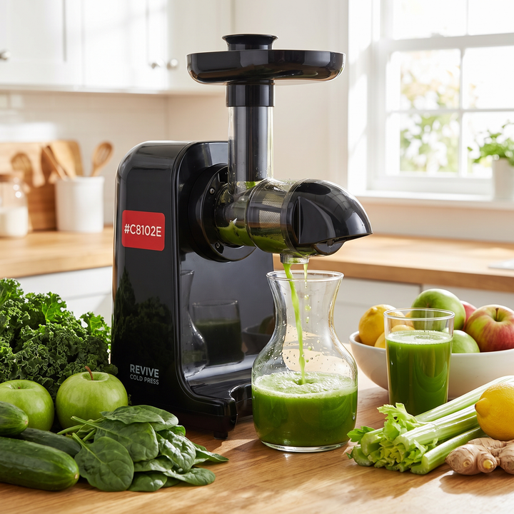 Professional Cold Press Juicer Slow Masticating Juicer - juicing action shot with fresh green juice