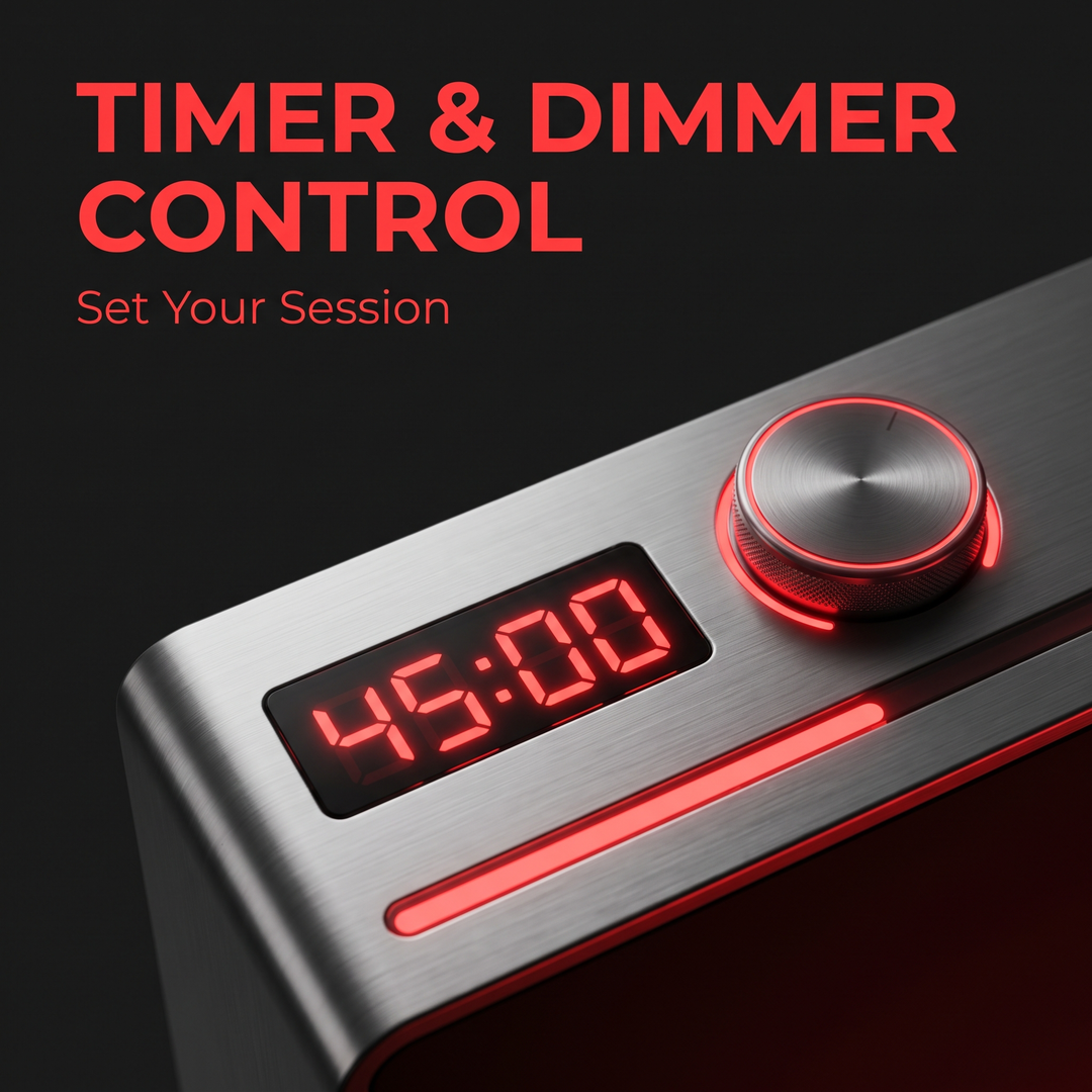 PHYSIOATHLETX Dual Chip LED Red Light Recovery Panel - timer and dimmer control feature callout