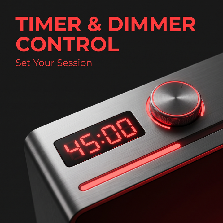 PHYSIOATHLETX Dual Chip LED Red Light Recovery Panel - timer and dimmer control feature callout