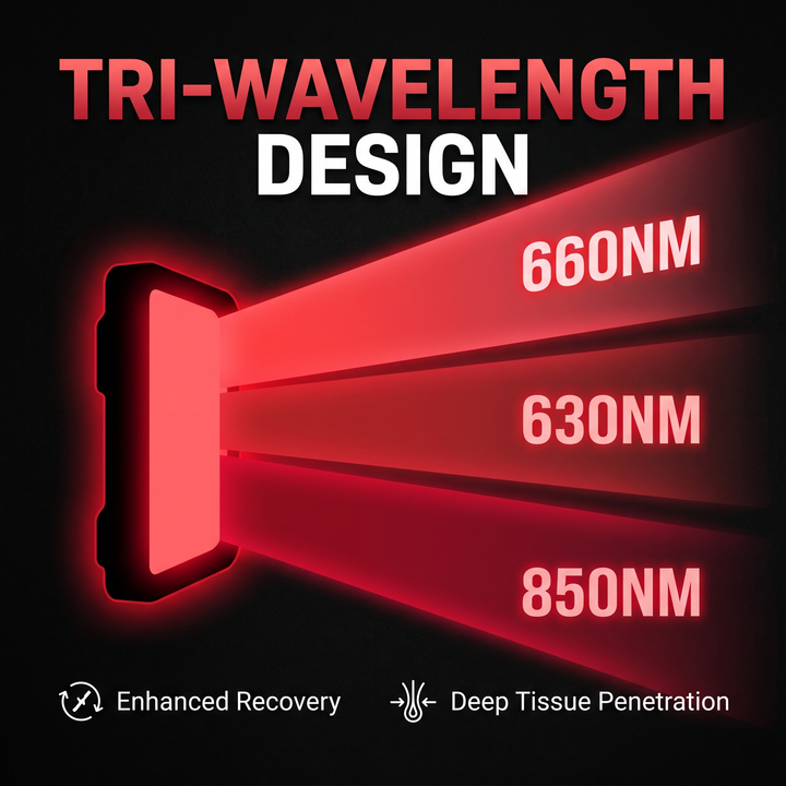 PHYSIOATHLETX Dual Chip LED Red Light Recovery Panel - tri-wavelength design feature callout