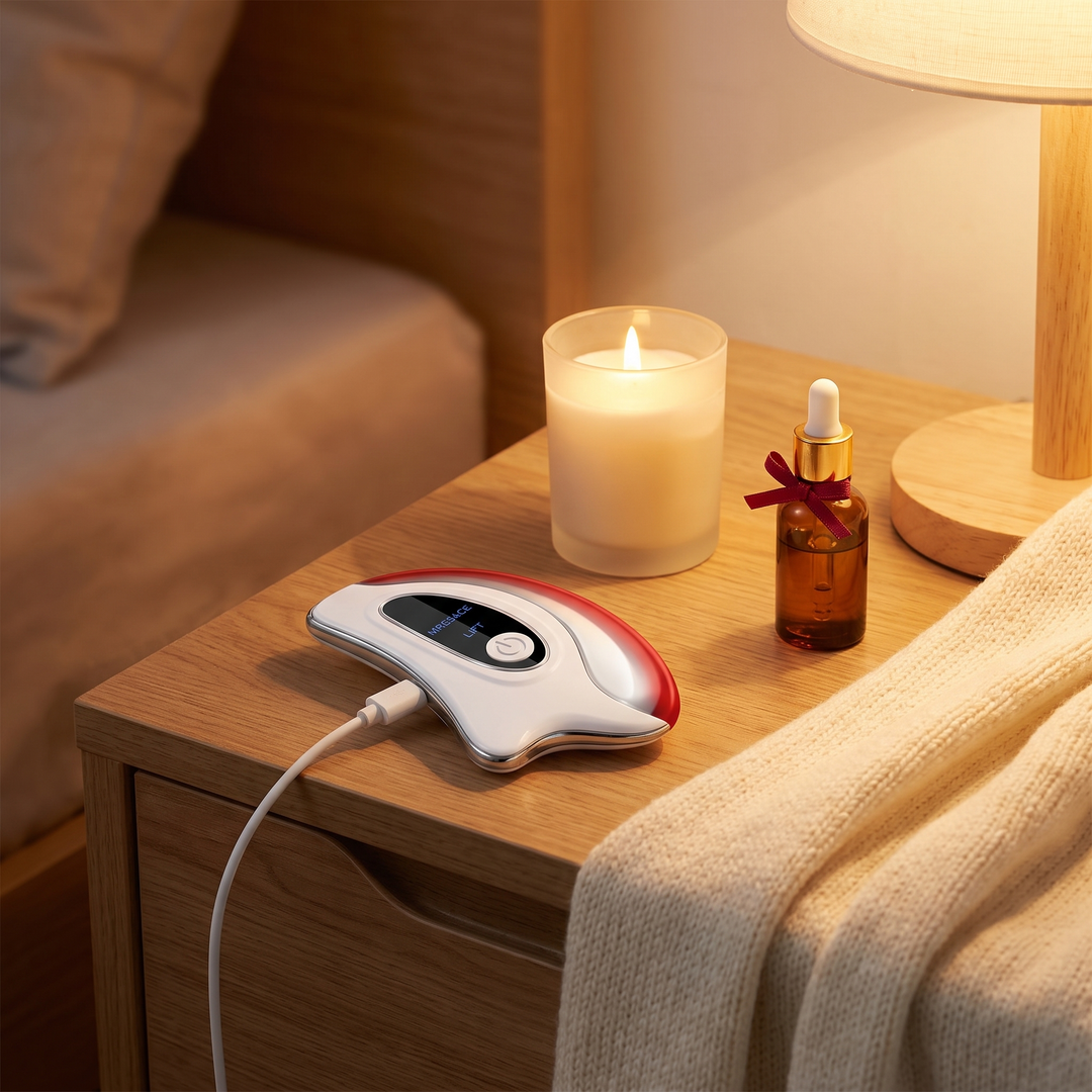 Nightstand evening self-care scene with device