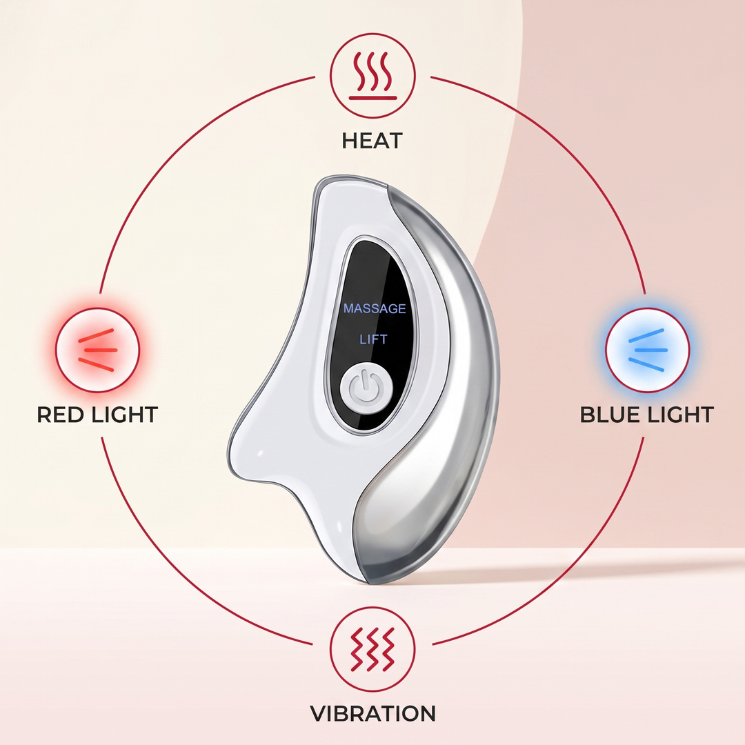 Feature summary infographic, heat, vibration, red light, blue light