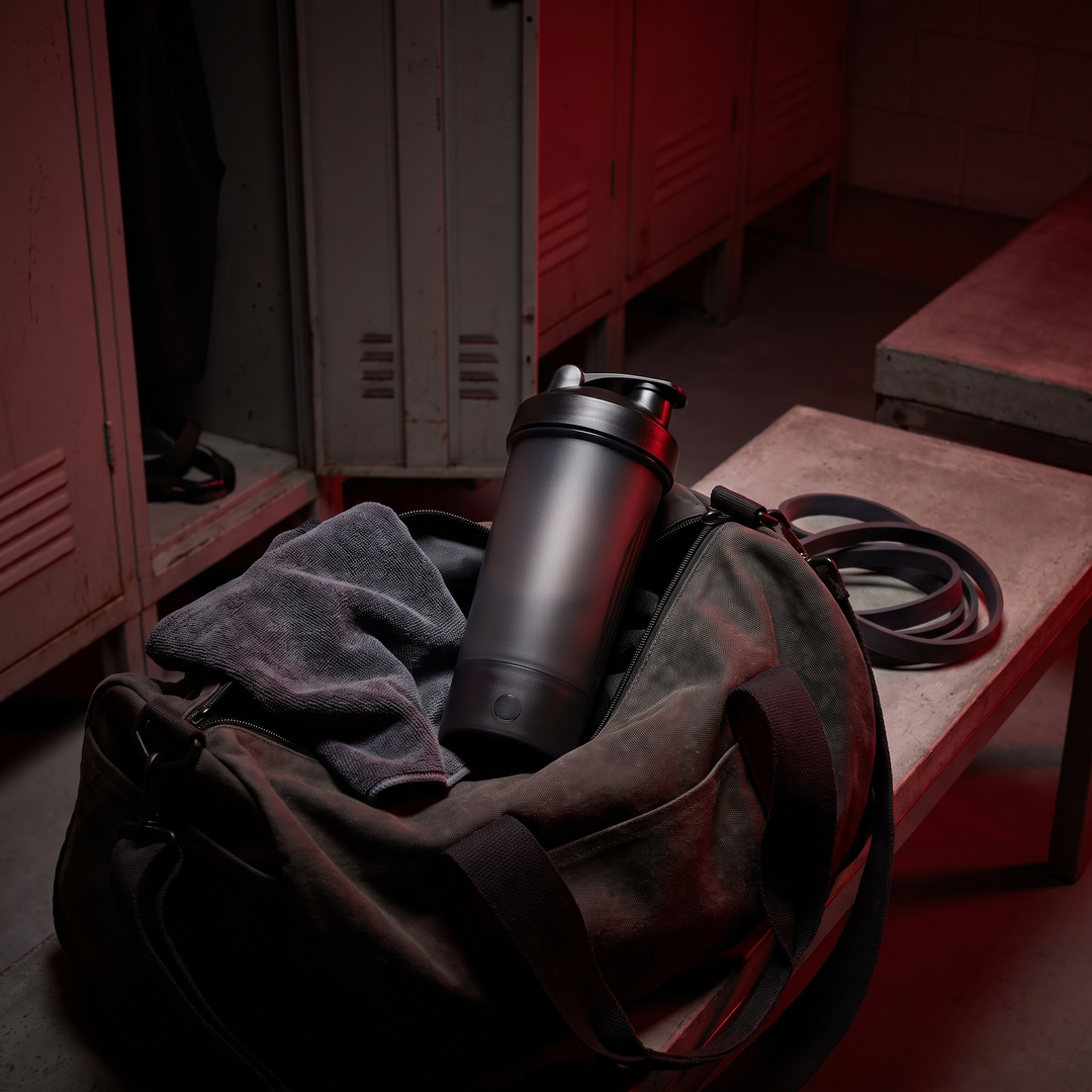 Electric Protein Shaker Bottle 650ml - Black - gym bag lifestyle shot