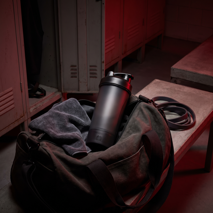 Electric Protein Shaker Bottle 650ml - Black - gym bag lifestyle shot