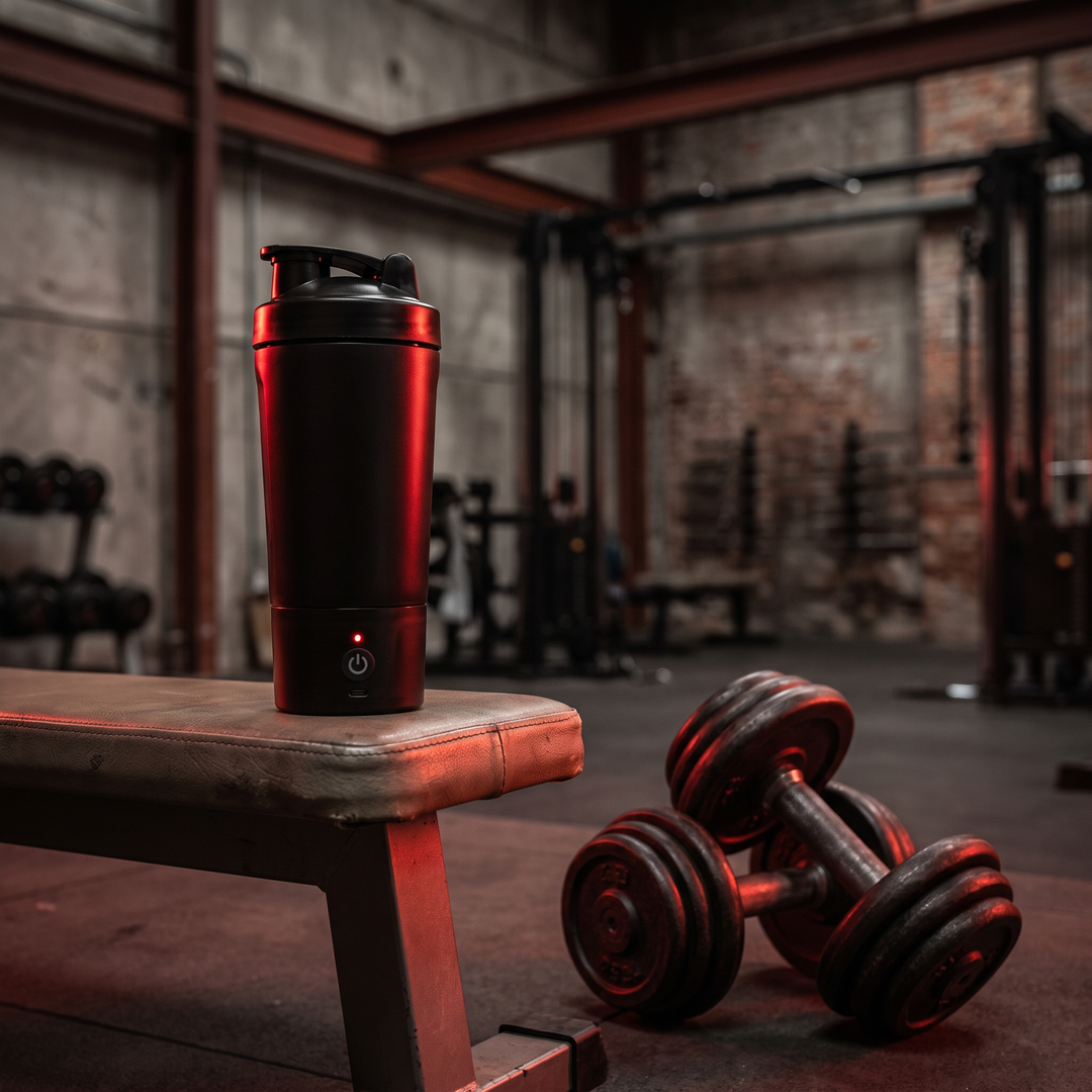 Electric Protein Shaker Bottle 650ml - Black - gym bench with dumbbells lifestyle shot