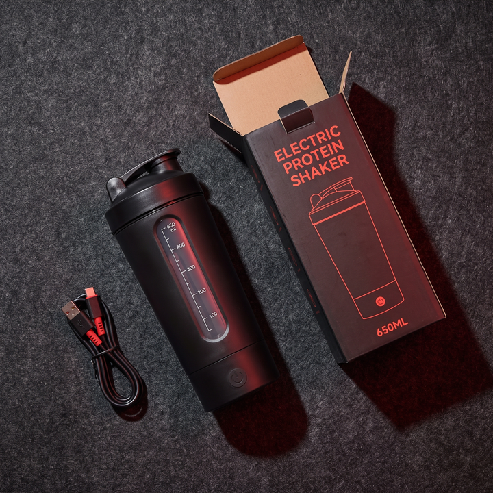 Electric Protein Shaker Bottle 650ml - Black - packaging flat lay
