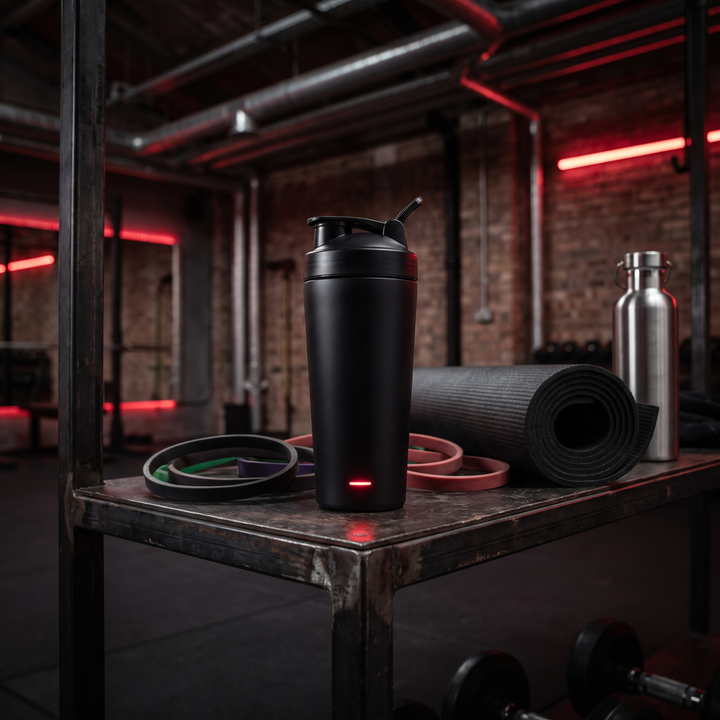 Electric Protein Shaker Bottle 650ml - Black - gym water bottle station lifestyle shot