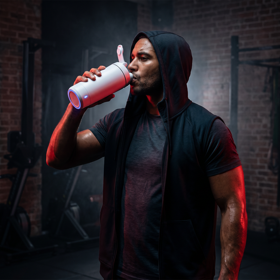 Electric Protein Shaker Bottle 650ml - White - post-workout athlete drinking lifestyle shot