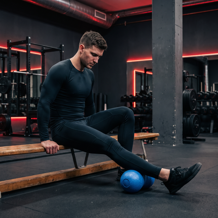 Athlete rolling PHYSIOATHLETX blue peanut massage ball on calf for muscle relaxation