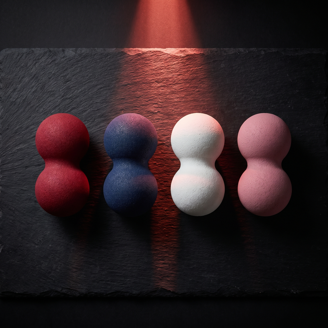 PHYSIOATHLETX peanut massage balls in red, blue, white and pink, flat lay of all color options