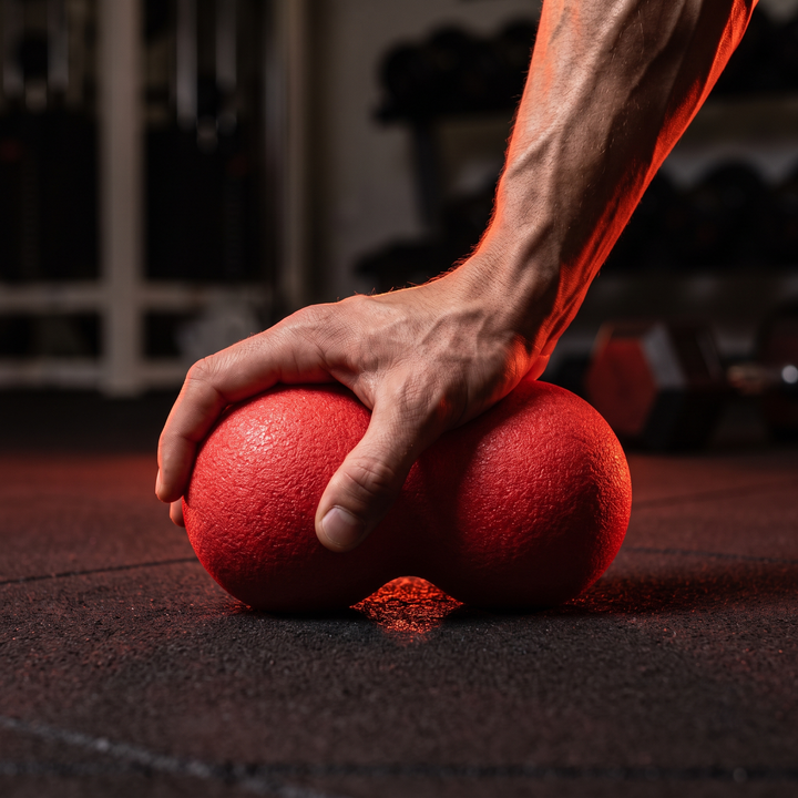 Hand pressing PHYSIOATHLETX peanut massage ball showing firm high-density EPP foam support