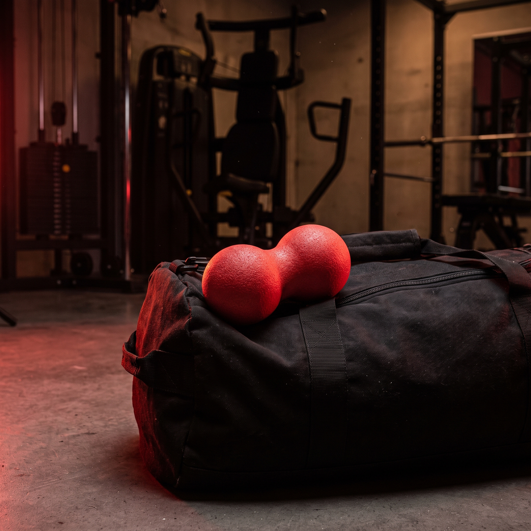 PHYSIOATHLETX red peanut massage ball resting on a gym bag, portable recovery tool for gym and travel