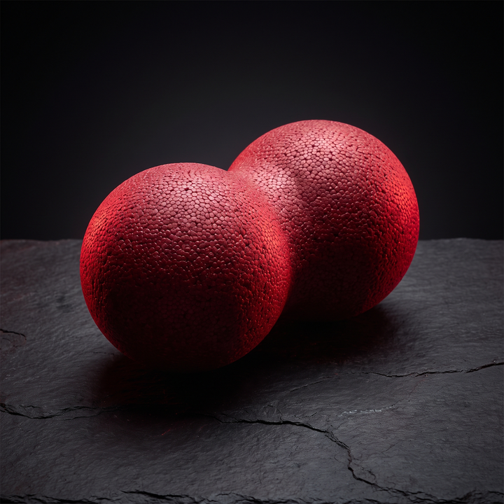 PHYSIOATHLETX red dual-lobe myofascial release massage ball, high-density EPP foam trigger point recovery tool, dark-gym hero shot