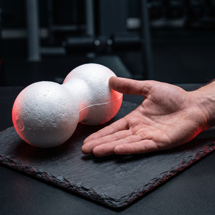 PHYSIOATHLETX peanut massage ball size comparison next to a hand
