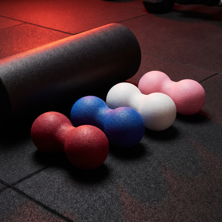 PHYSIOATHLETX peanut massage balls in red, blue, white and pink compared to a full-size foam roller