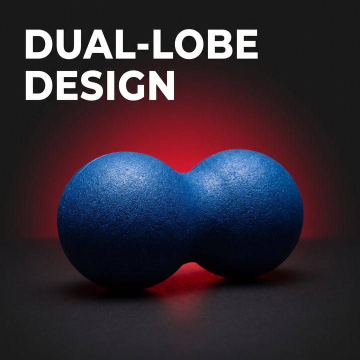 PHYSIOATHLETX blue peanut massage ball showing dual-lobe design for spine-safe rolling
