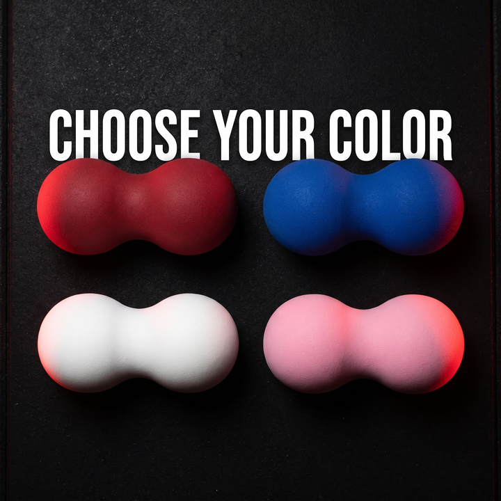 PHYSIOATHLETX peanut massage ball color options: red, blue, white and pink flat lay