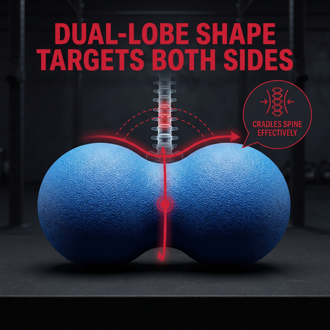 Diagram showing PHYSIOATHLETX peanut massage ball dual-lobe shape targeting both sides of the spine